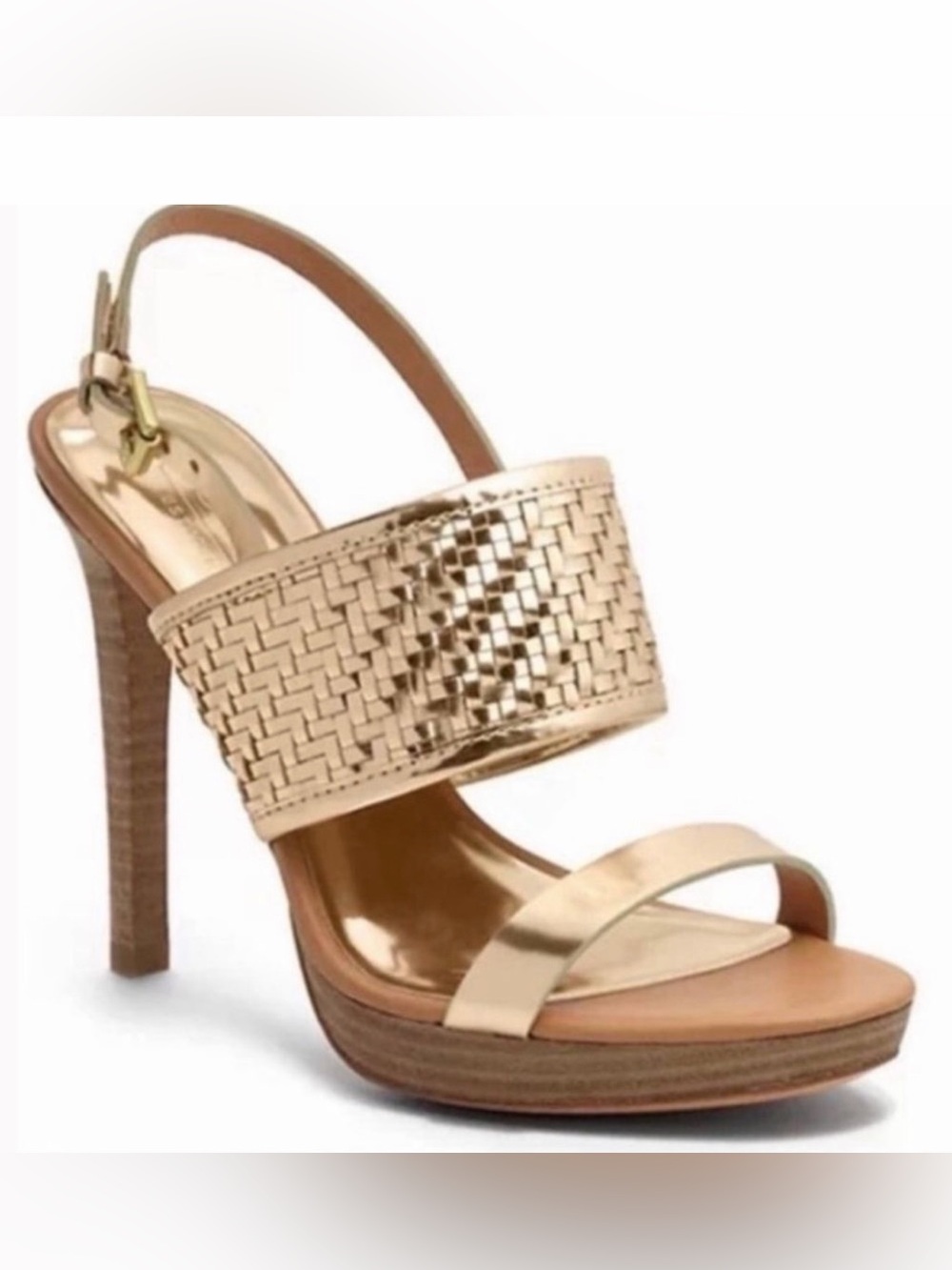 Coach steffi Metallic Gold Woven Wide Strap High Heel Sandal 9
